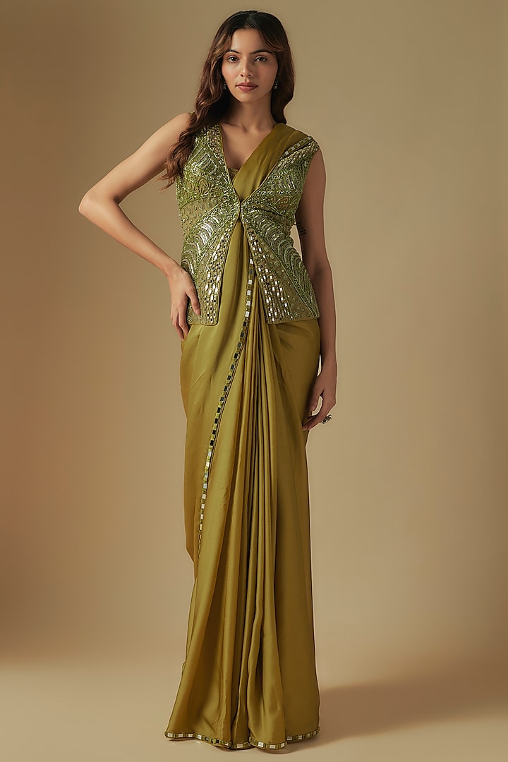 Olive Green Satin Organza Jacket Wedding Saree Set by ASAGA at Pernia's Pop Up Shop