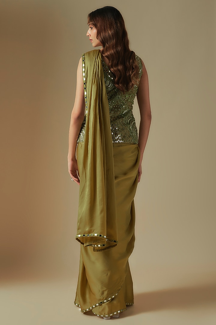 Olive Green Satin Organza Jacket Wedding Saree Set by ASAGA at Pernia's Pop Up Shop
