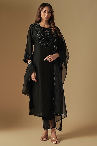 Black Chanderi Mirror Hand Embroidered Kurta Set by ASAGA