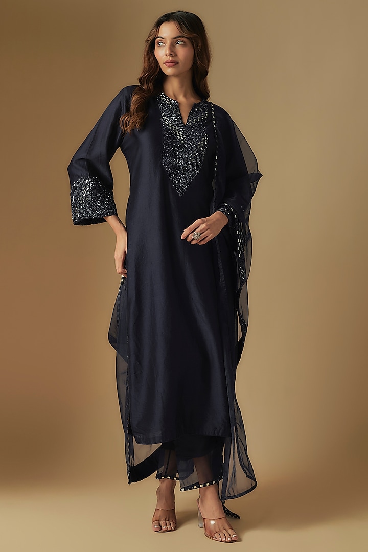 Navy Blue Chanderi Mirror Hand Embroidered Kurta Set by ASAGA at Pernia's Pop Up Shop