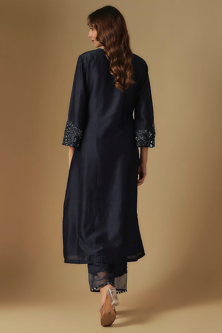 Navy Blue Chanderi Mirror Hand Embroidered Kurta Set by ASAGA at Pernia's Pop Up Shop