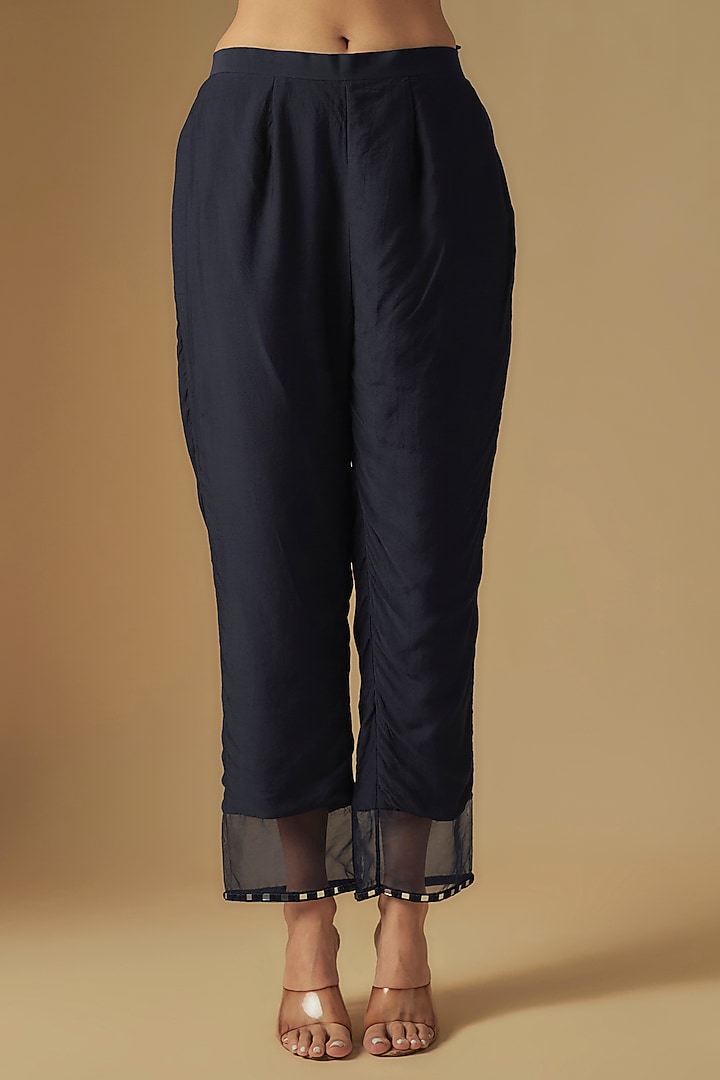 Navy Blue Chanderi Mirror Hand Embroidered Kurta Set by ASAGA at Pernia's Pop Up Shop