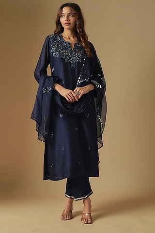 Navy Blue Chanderi Mirror Hand Embroidered Kurta Set by ASAGA