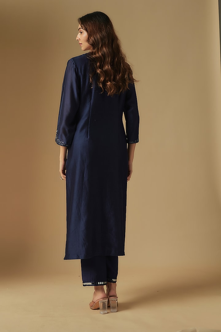 Navy Blue Chanderi Mirror Hand Embroidered Kurta Set by ASAGA at Pernia's Pop Up Shop