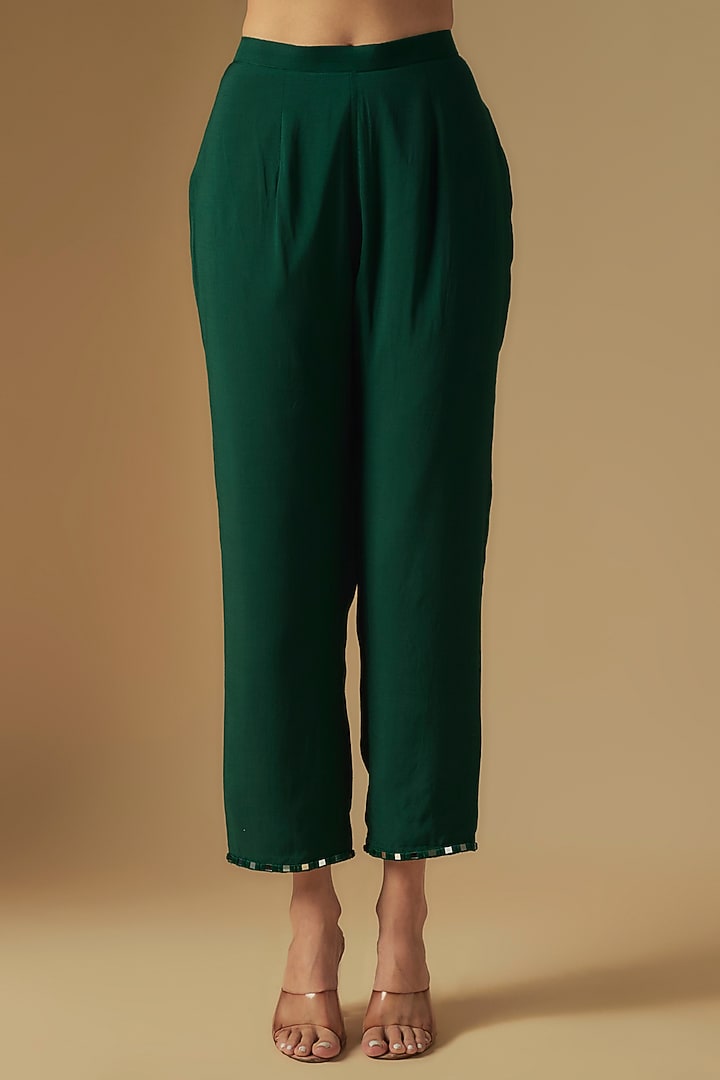Emerald Green Chanderi Mirror Hand Embroidered Kurta Set by ASAGA at Pernia's Pop Up Shop