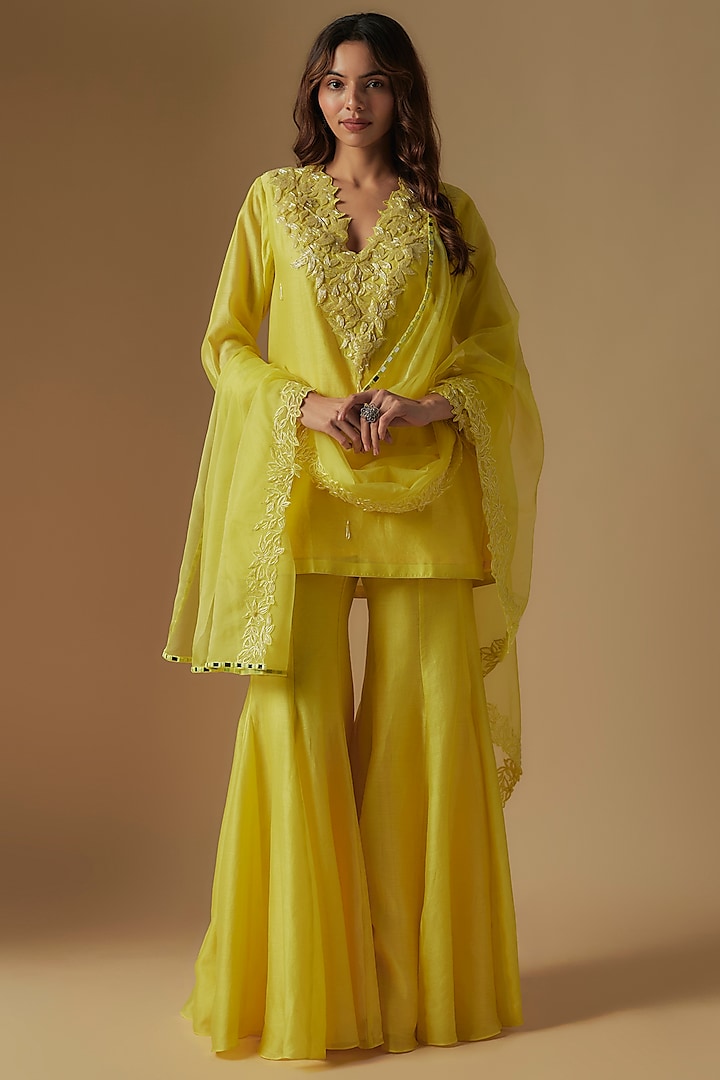 Butter Yellow Chanderi & Muslin Sharara Set by ASAGA at Pernia's Pop Up Shop