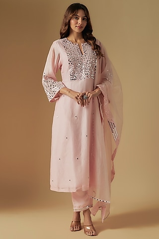 Blush Pink Chanderi Mirror Embroidered Kurta Set by ASAGA