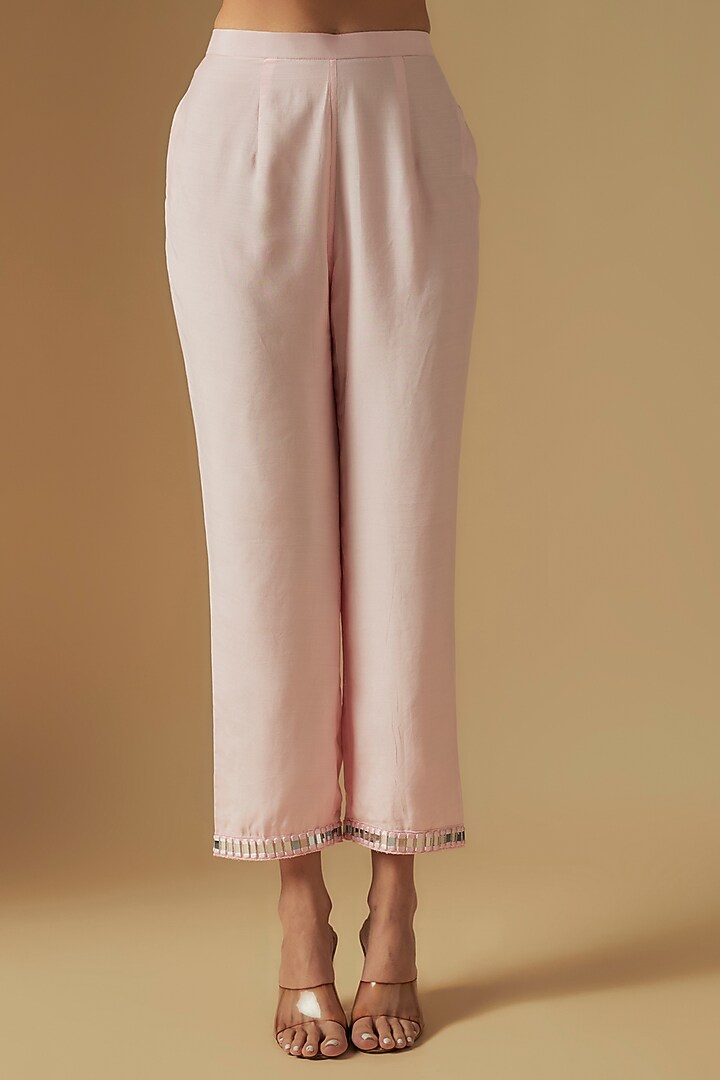 Blush Pink Chanderi Mirror Embroidered Kurta Set by ASAGA at Pernia's Pop Up Shop