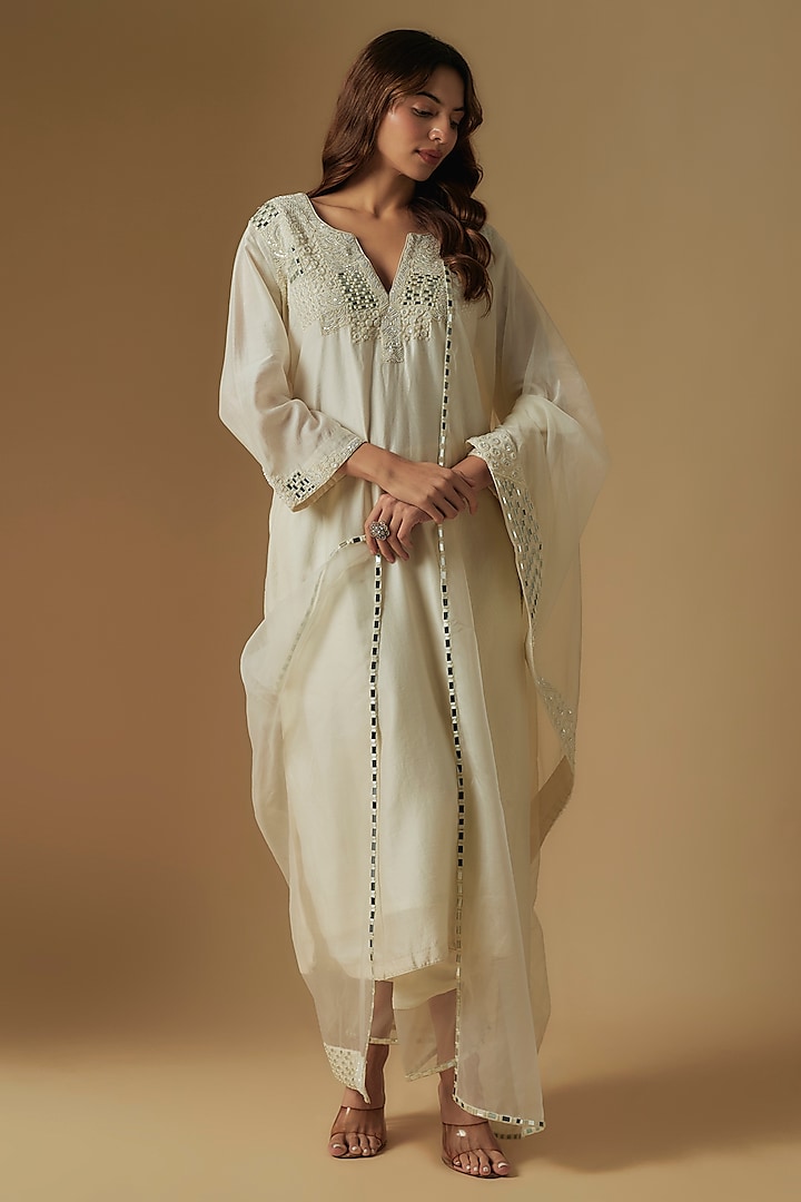 Ivory Chanderi Mirror Hand Embroidered Kurta Set by ASAGA