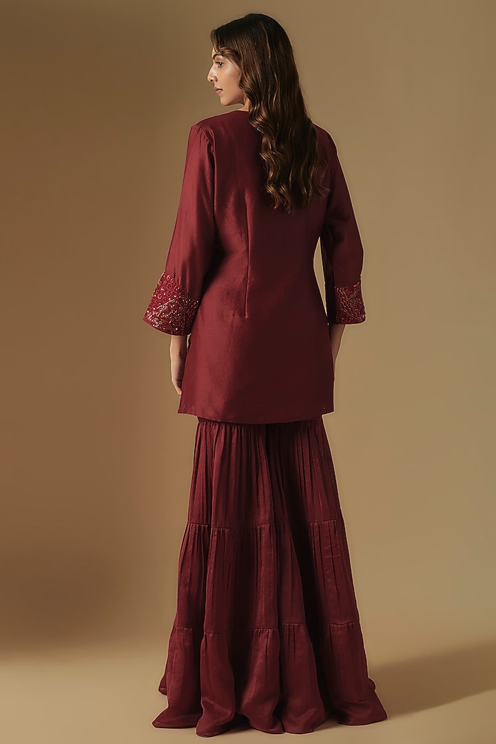 Red Chanderi & Muslin Wedding Sharara Set by ASAGA at Pernia's Pop Up Shop