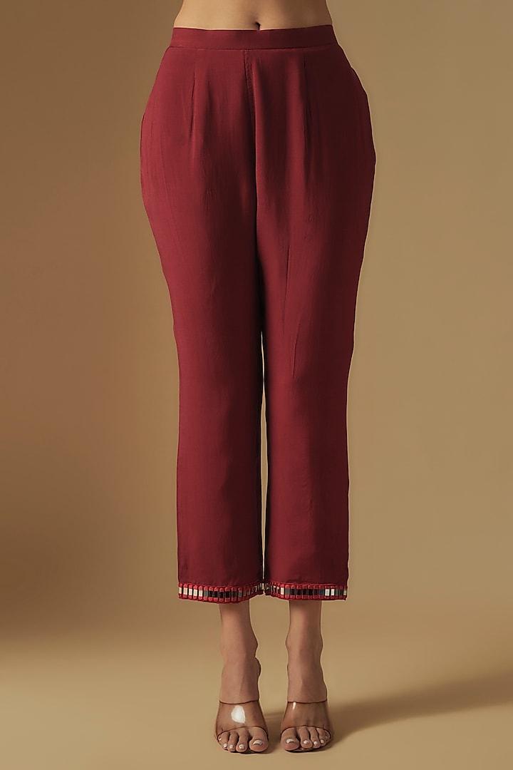 Red Chanderi Mirror Hand Embroidered Kurta Set by ASAGA at Pernia's Pop Up Shop