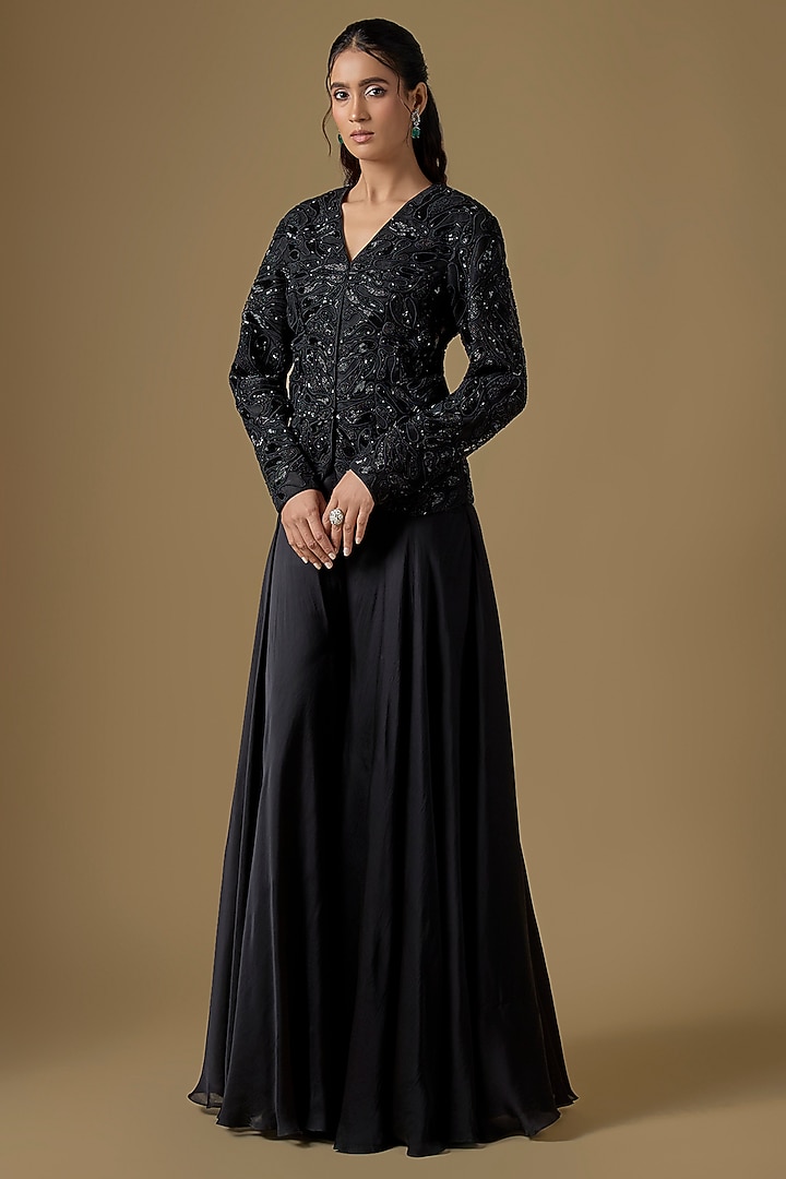Black Satin Organza Bridal Sharara Set by ASAGA at Pernia's Pop Up Shop