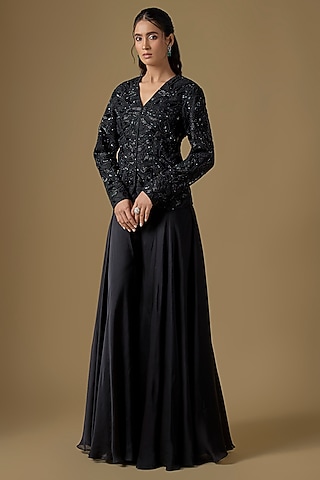 Black Satin Organza Sharara Set by ASAGA