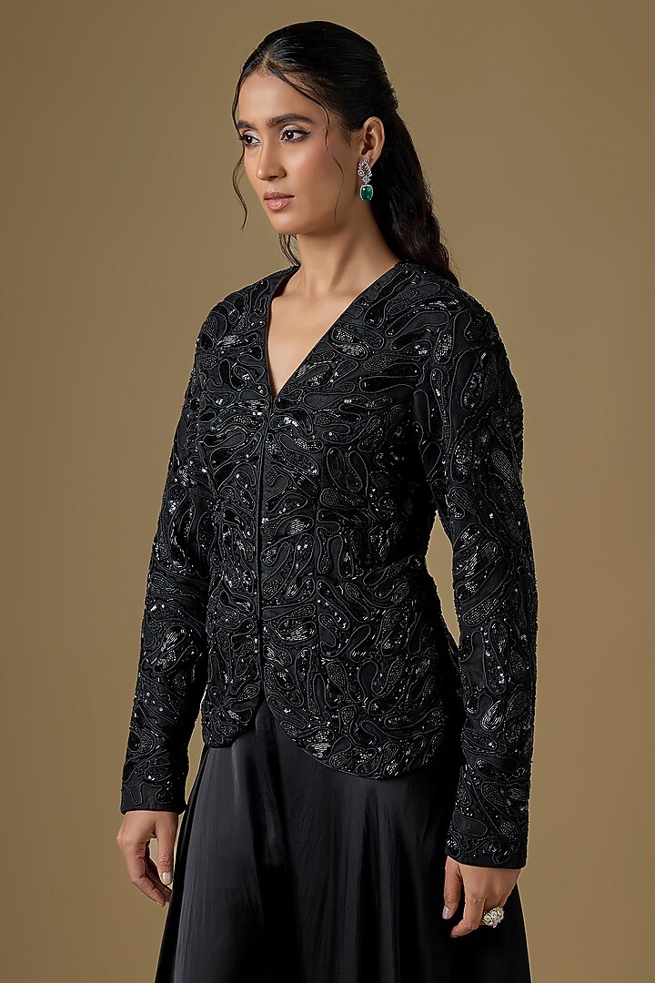 Black Satin Organza Bridal Sharara Set by ASAGA at Pernia's Pop Up Shop