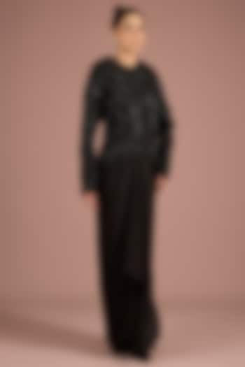 Black Satin Tulle Embroidered Jacket Set by ASAGA at Pernia's Pop Up Shop