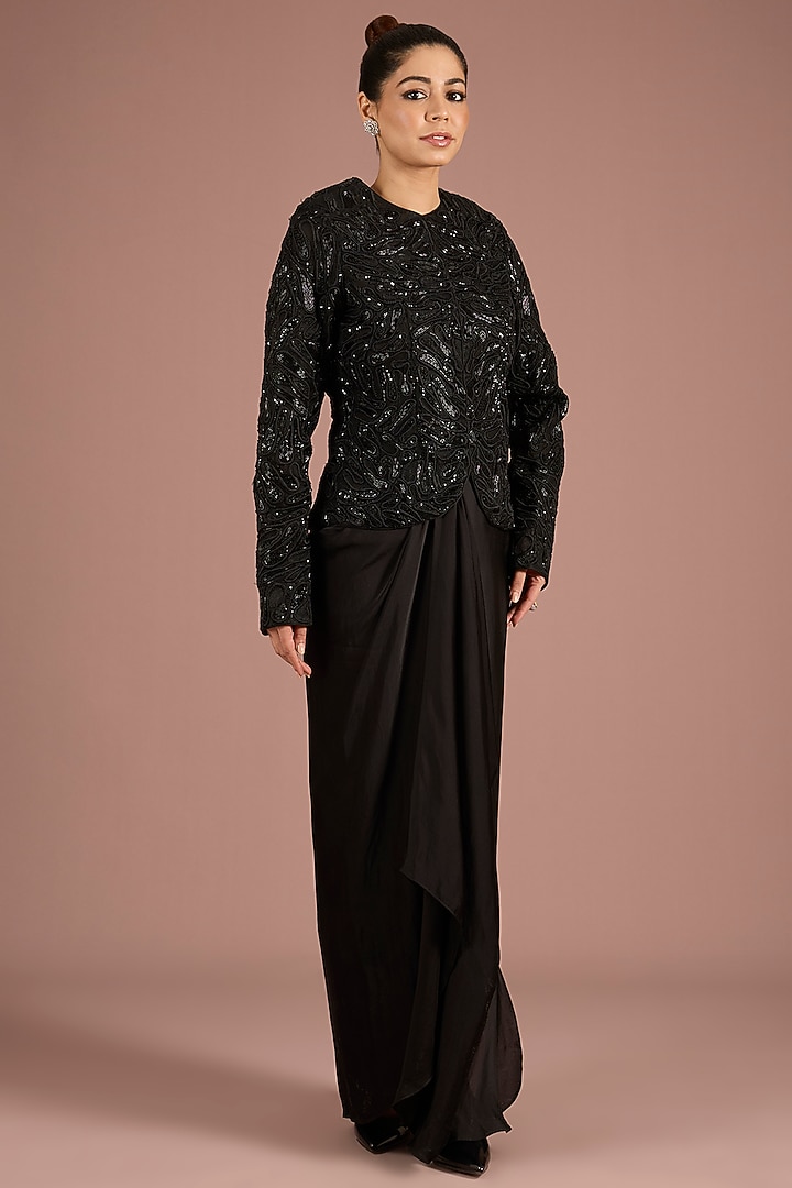 Black Satin Tulle Embroidered Jacket Set by ASAGA at Pernia's Pop Up Shop