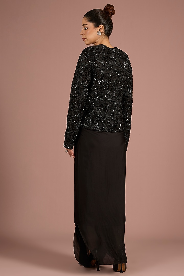 Black Satin Tulle Embroidered Jacket Set by ASAGA at Pernia's Pop Up Shop