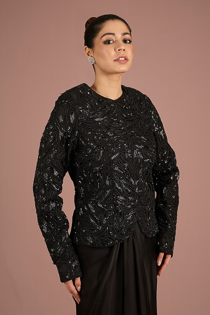 Black Satin Tulle Embroidered Jacket Set by ASAGA at Pernia's Pop Up Shop