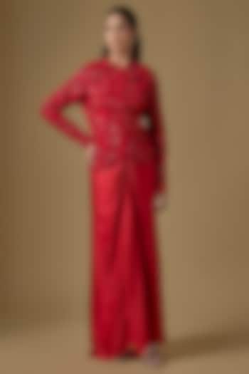 Red Satin Organza Draped Skirt Set by ASAGA at Pernia's Pop Up Shop