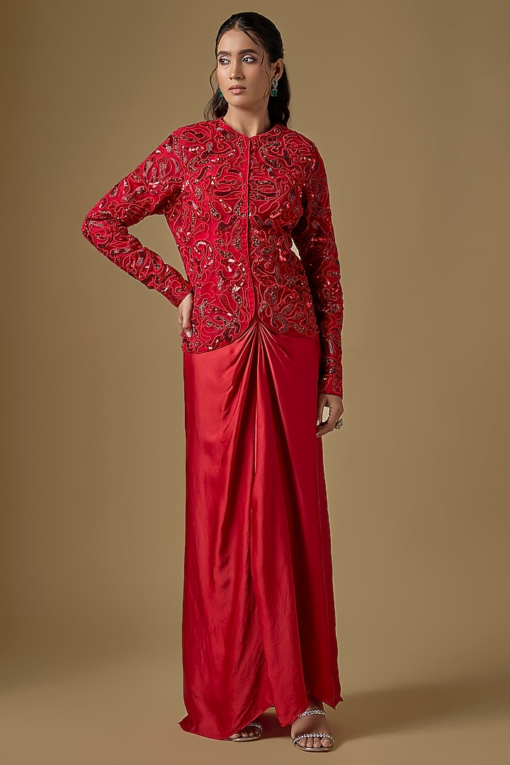 Red Satin Organza Draped Skirt Set by ASAGA at Pernia's Pop Up Shop