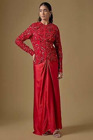 Red Satin Organza Draped Skirt Set by ASAGA