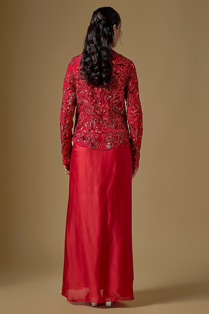 Red Satin Organza Draped Skirt Set by ASAGA at Pernia's Pop Up Shop
