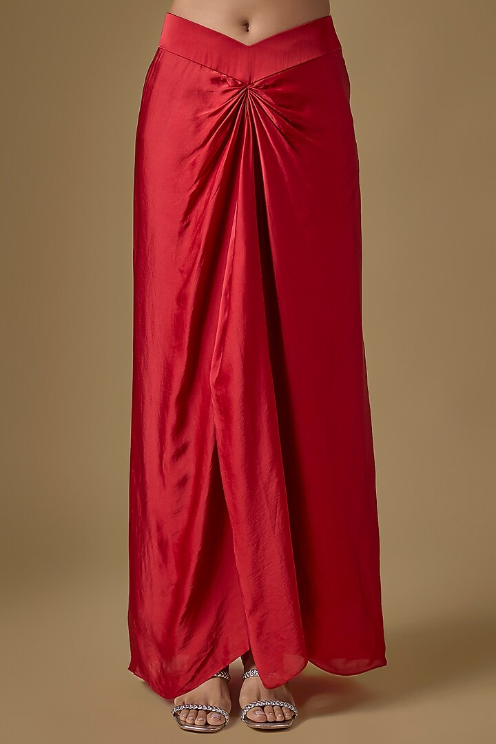 Red Satin Organza Draped Skirt Set by ASAGA at Pernia's Pop Up Shop