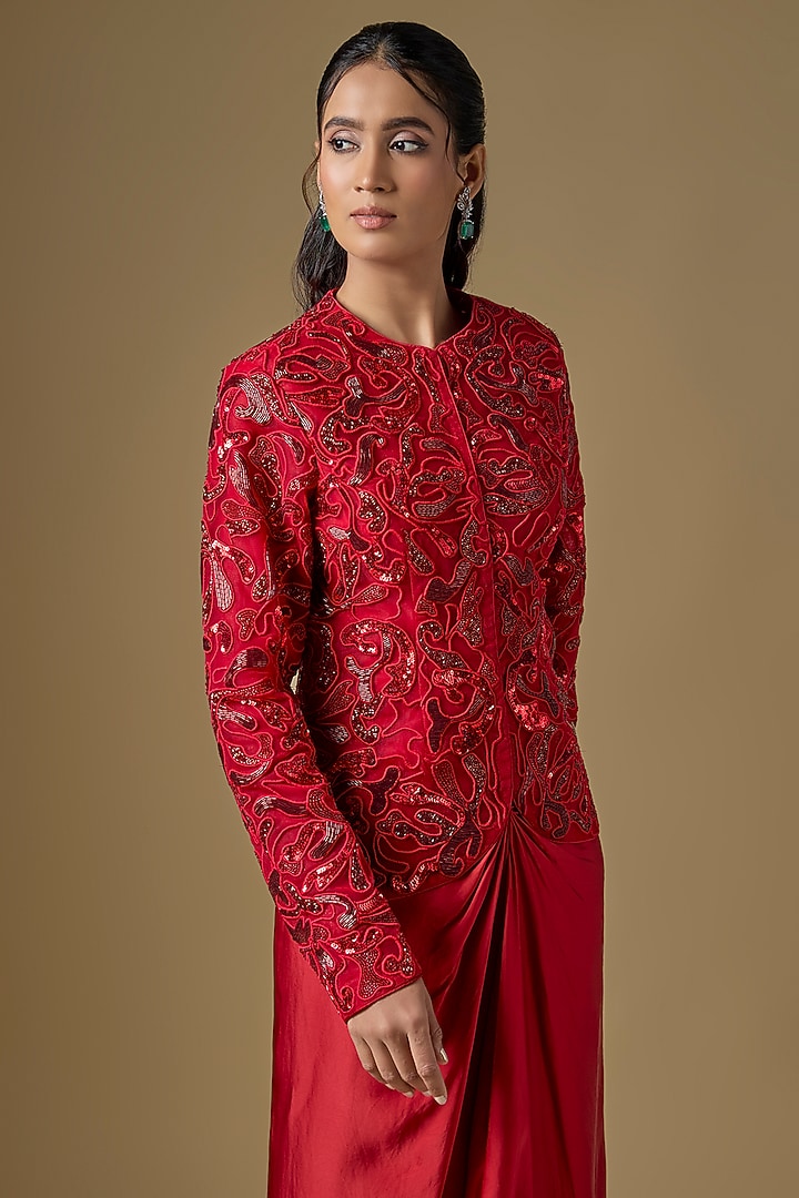 Red Satin Organza Draped Skirt Set by ASAGA at Pernia's Pop Up Shop