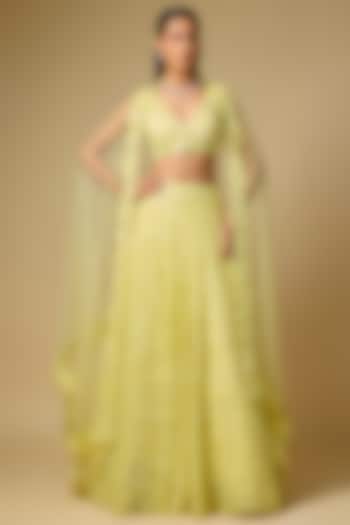 Butter Yellow Tulle Embroidered Bridal Lehenga Set by ASAGA at Pernia's Pop Up Shop