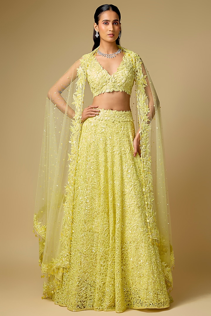 Butter Yellow Tulle Embroidered Bridal Lehenga Set by ASAGA at Pernia's Pop Up Shop