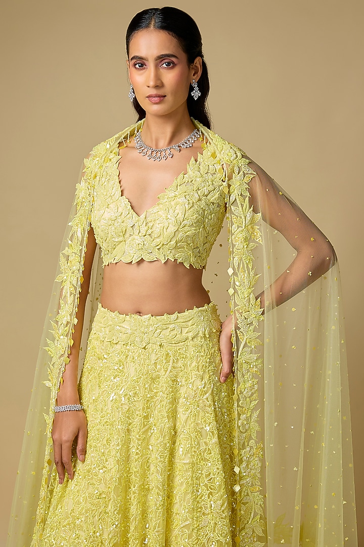 Butter Yellow Tulle Embroidered Bridal Lehenga Set by ASAGA at Pernia's Pop Up Shop