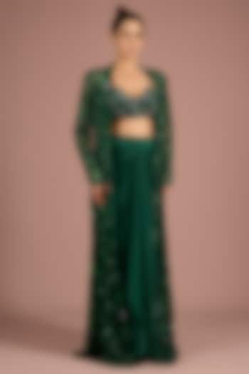 Emerald Green Satin Organza & Tulle Embroidered Jacket Set by ASAGA at Pernia's Pop Up Shop