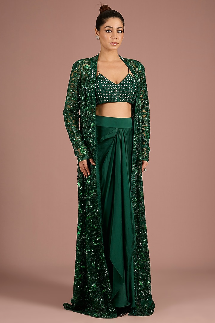 Emerald Green Satin Organza & Tulle Embroidered Jacket Set by ASAGA at Pernia's Pop Up Shop