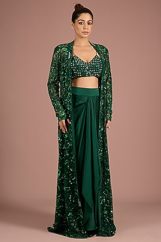 Emerald Green Satin Organza & Tulle Embroidered Jacket Set by ASAGA