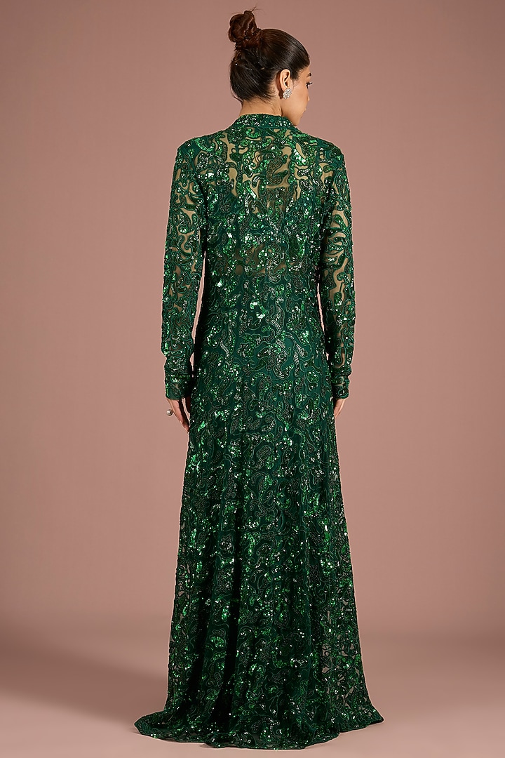 Emerald Green Satin Organza & Tulle Embroidered Jacket Set by ASAGA at Pernia's Pop Up Shop