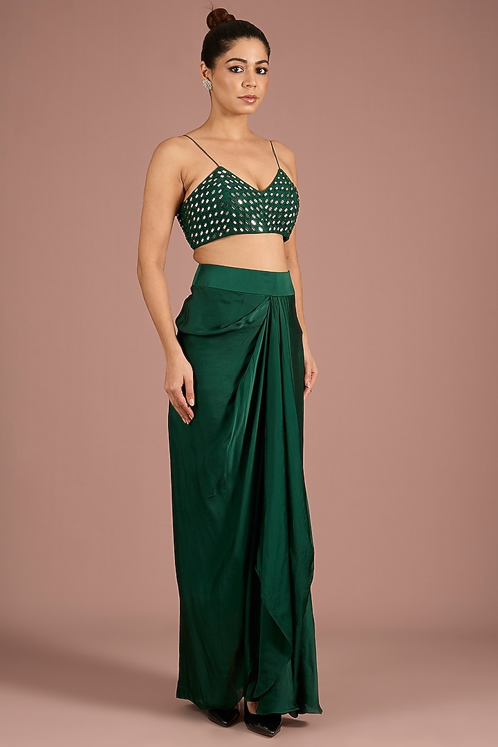 Emerald Green Satin Organza & Tulle Embroidered Jacket Set by ASAGA at Pernia's Pop Up Shop