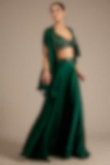 Emerald Green Satin Tulle Hand Embroidered Wedding Sharara Set by ASAGA at Pernia's Pop Up Shop