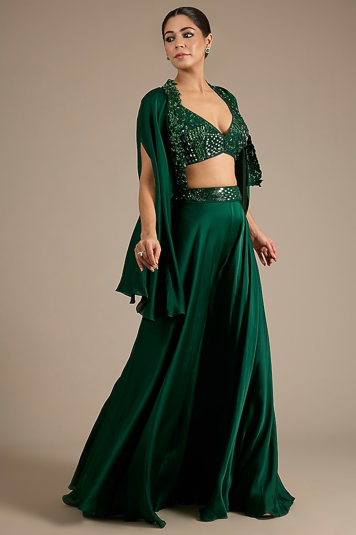 Emerald Green Satin Tulle Hand Embroidered Wedding Sharara Set by ASAGA at Pernia's Pop Up Shop