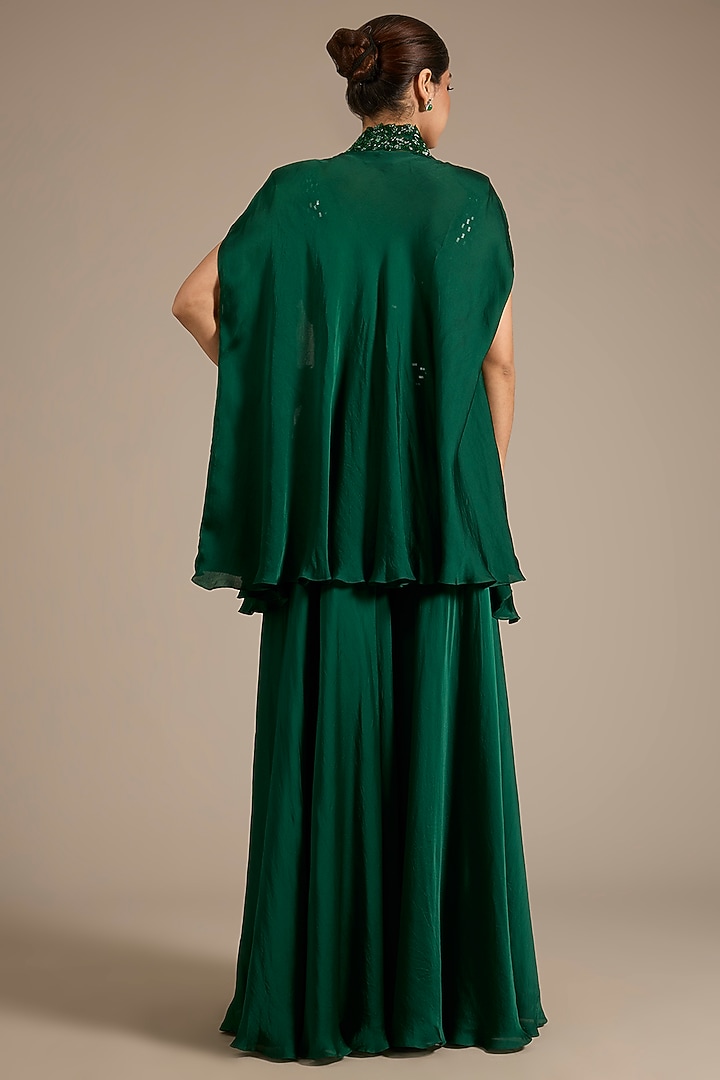 Emerald Green Satin Tulle Hand Embroidered Wedding Sharara Set by ASAGA at Pernia's Pop Up Shop