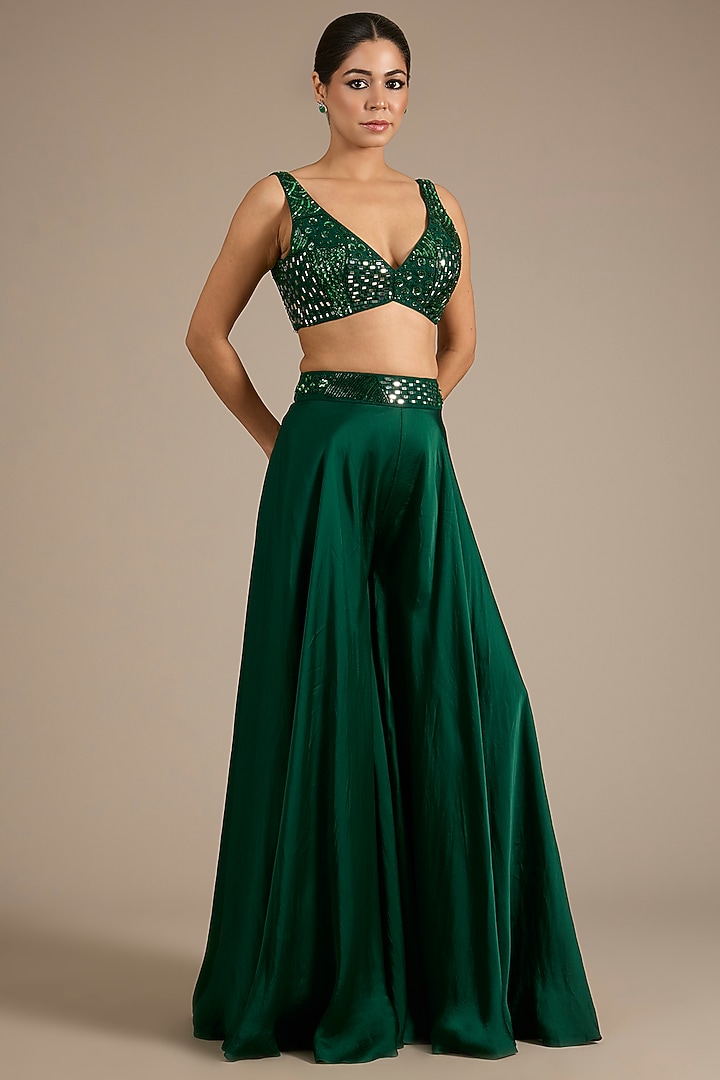 Emerald Green Satin Tulle Hand Embroidered Wedding Sharara Set by ASAGA at Pernia's Pop Up Shop
