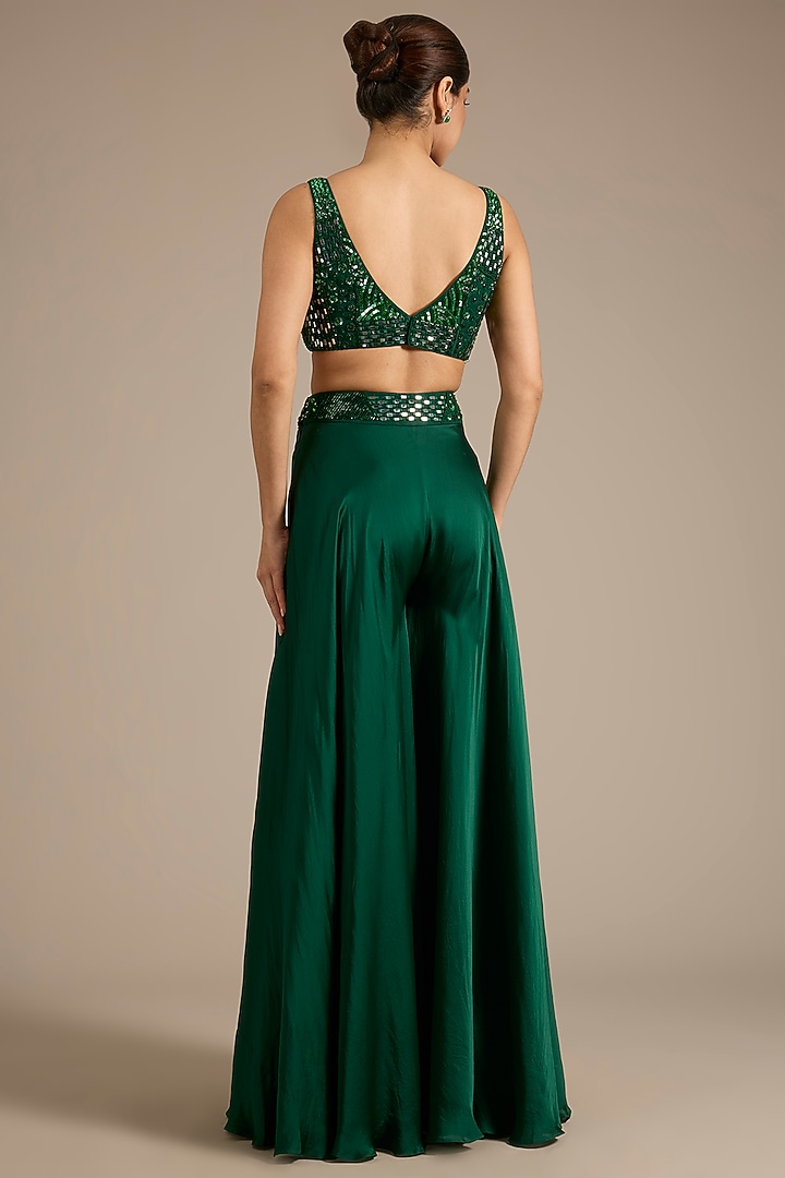 Emerald Green Satin Tulle Hand Embroidered Wedding Sharara Set by ASAGA at Pernia's Pop Up Shop