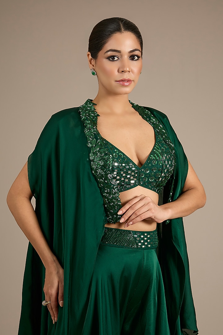 Emerald Green Satin Tulle Hand Embroidered Wedding Sharara Set by ASAGA at Pernia's Pop Up Shop