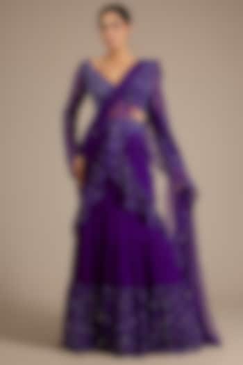Purple Satin Tulle Hand & Machine Embroidered Draped Reception Saree Set by ASAGA at Pernia's Pop Up Shop