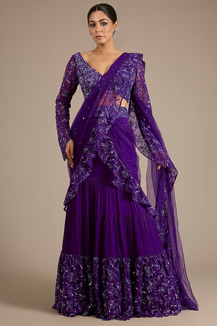 Purple Satin Tulle Hand & Machine Embroidered Draped Reception Saree Set by ASAGA at Pernia's Pop Up Shop