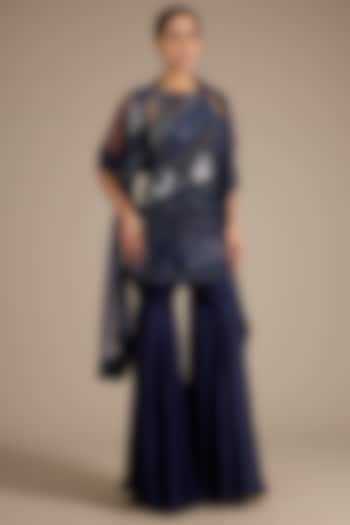 Navy Blue Satin Tulle Wedding Sharara Set by ASAGA at Pernia's Pop Up Shop