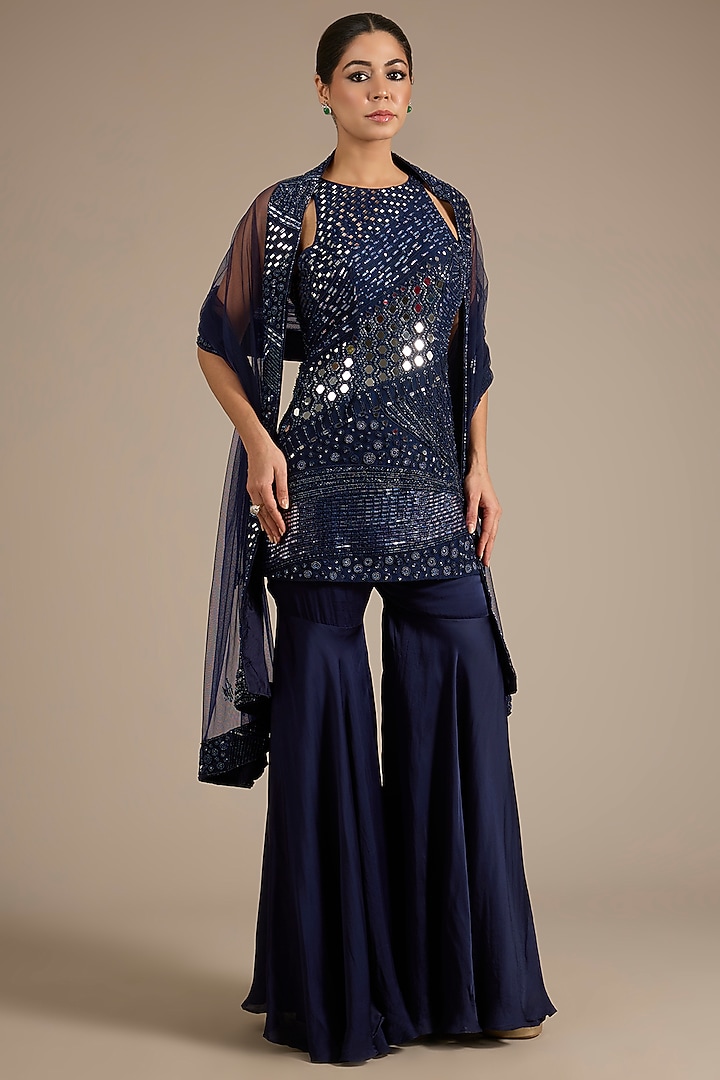 Navy Blue Satin Tulle Wedding Sharara Set by ASAGA at Pernia's Pop Up Shop