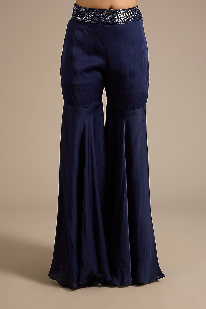 Navy Blue Satin Tulle Wedding Sharara Set by ASAGA at Pernia's Pop Up Shop