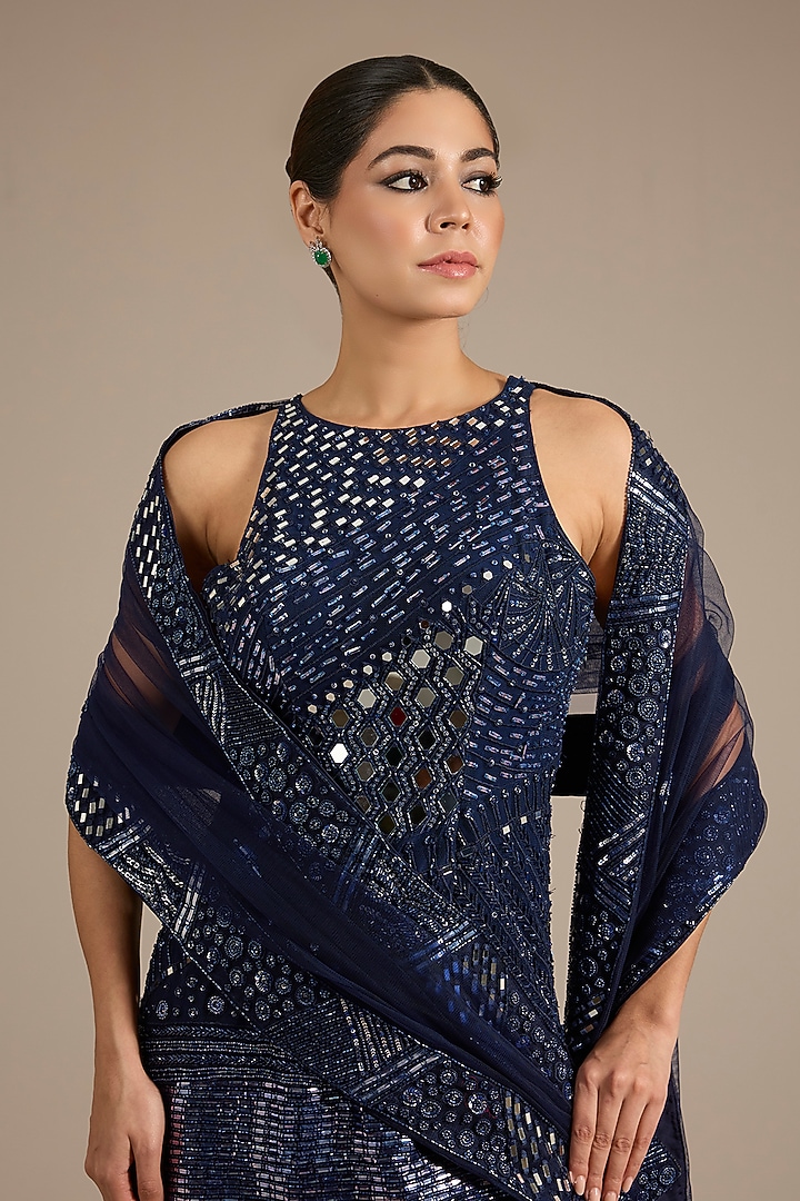 Navy Blue Satin Tulle Wedding Sharara Set by ASAGA at Pernia's Pop Up Shop
