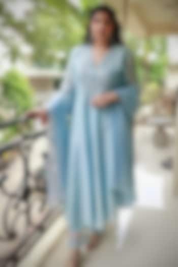 Baby Blue Chanderi Hand Embroidered Wedding Anarkali Set by ASAGA at Pernia's Pop Up Shop