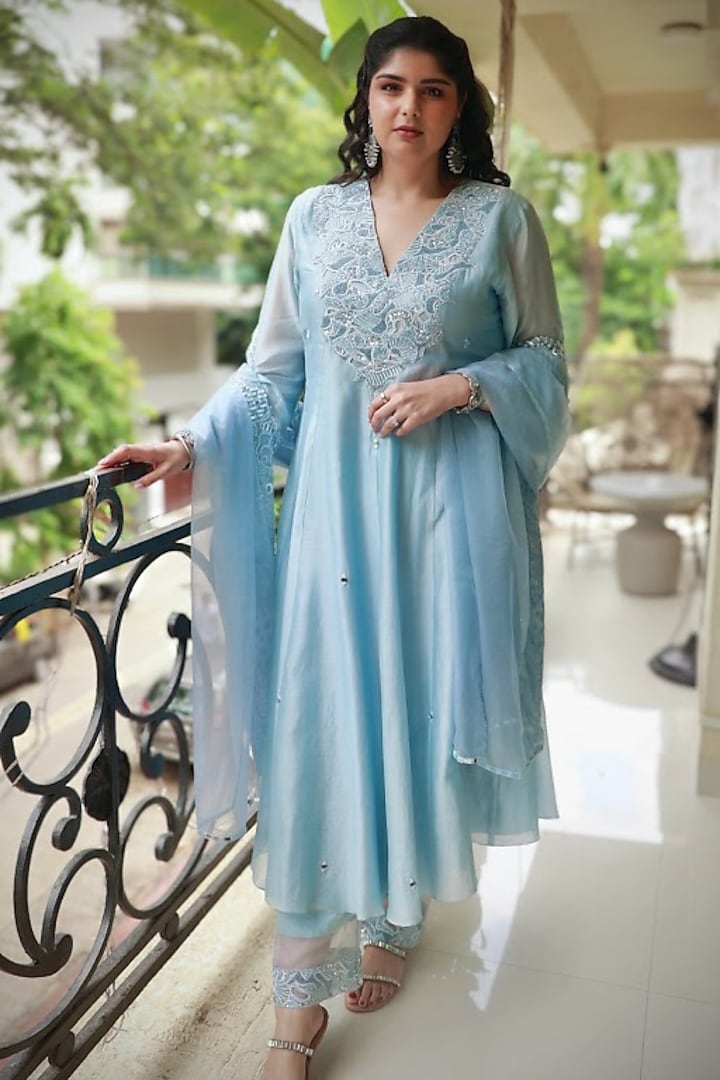 Baby Blue Chanderi Hand Embroidered Wedding Anarkali Set by ASAGA at Pernia's Pop Up Shop